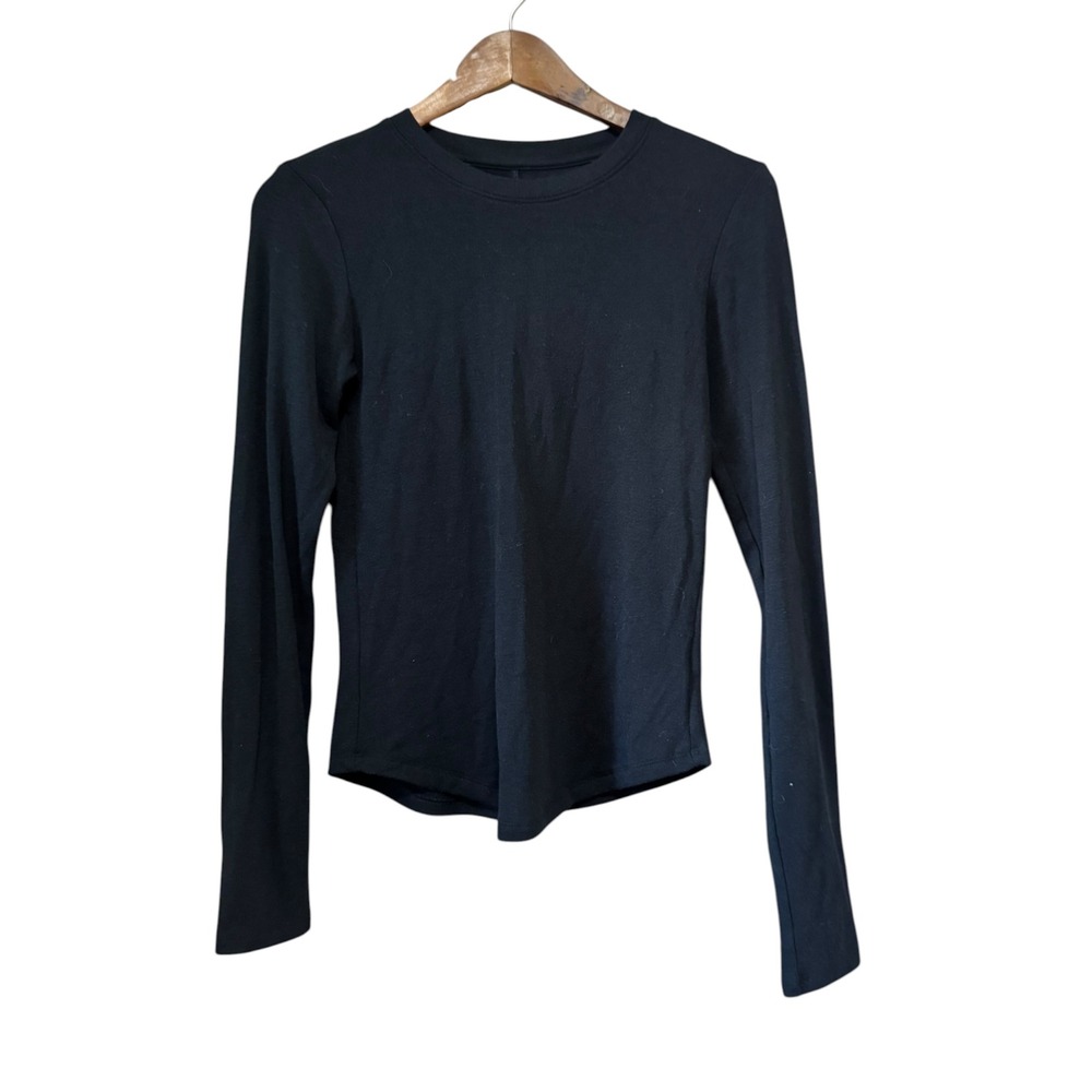 American Eagle Long Sleeve Top Women M Black Excellent Curved Hem Crew Neck
